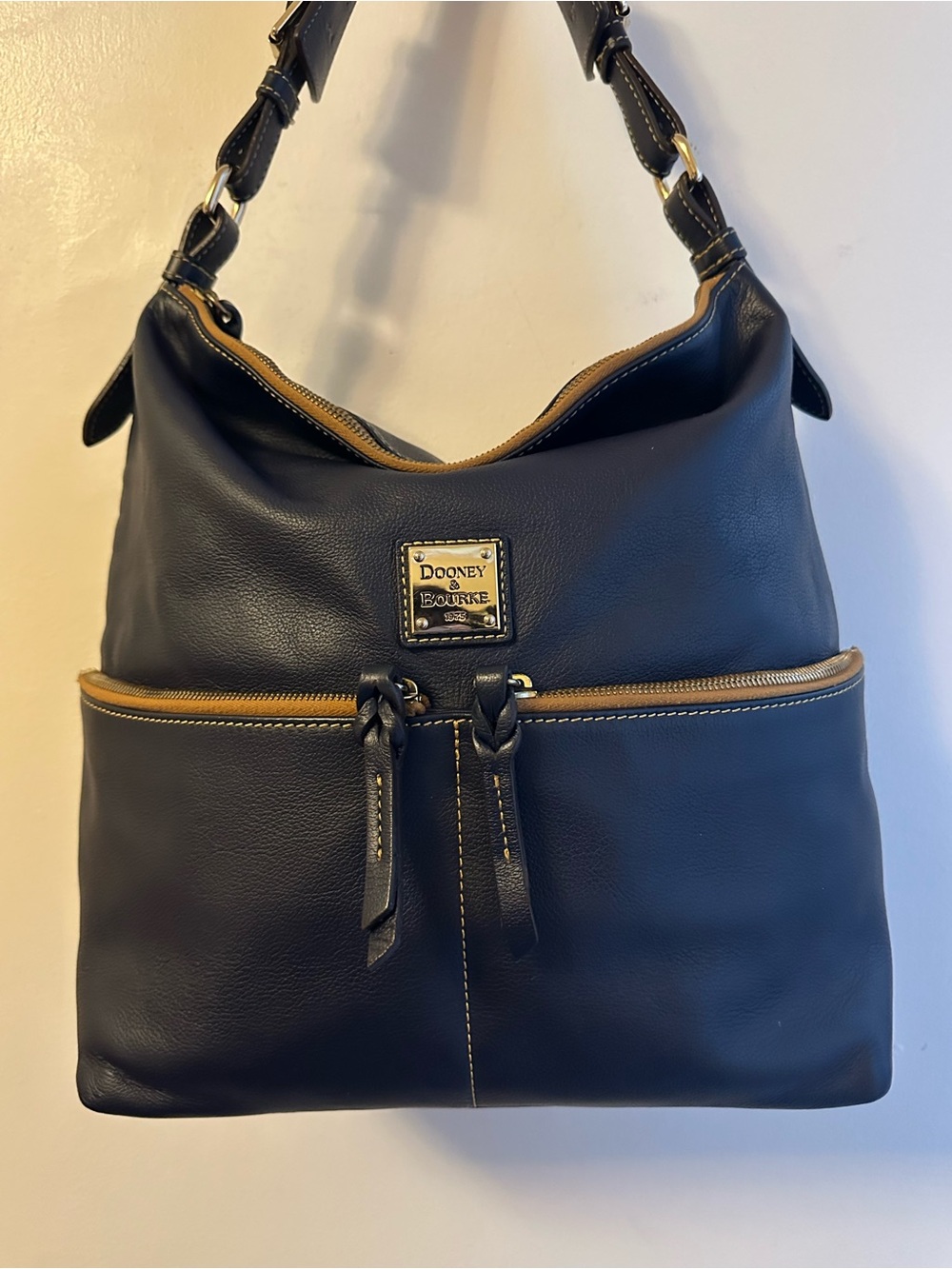 Dooney & Bourke Navy Leather Shoulder Bag with Two Front Pockets